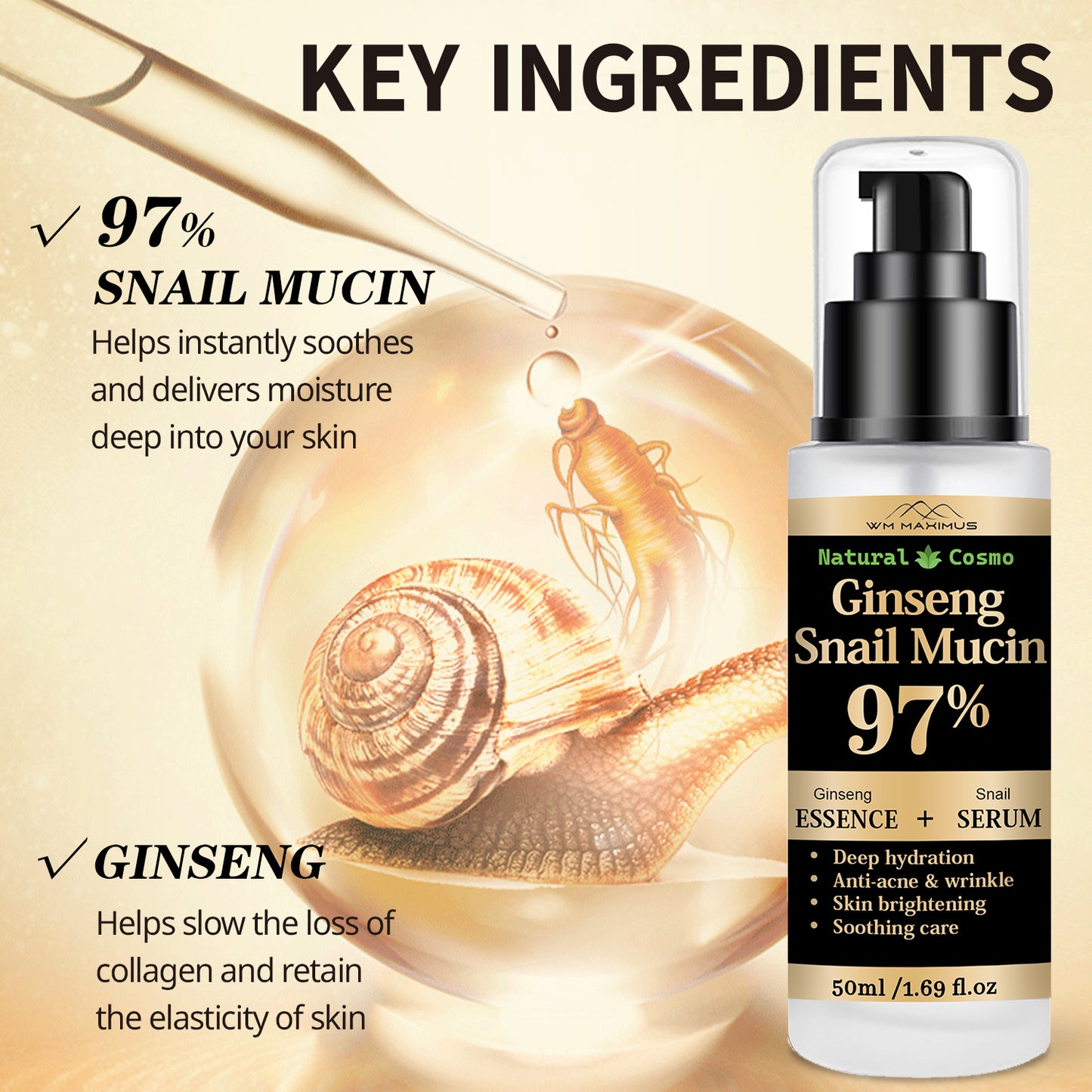 Naturkosmo Ginseng Snail Mucin Serum & Essence 97% – Mit Niacinamide & Hyaluronic Acid für Intensive Feuchtigkeit, 50 ml