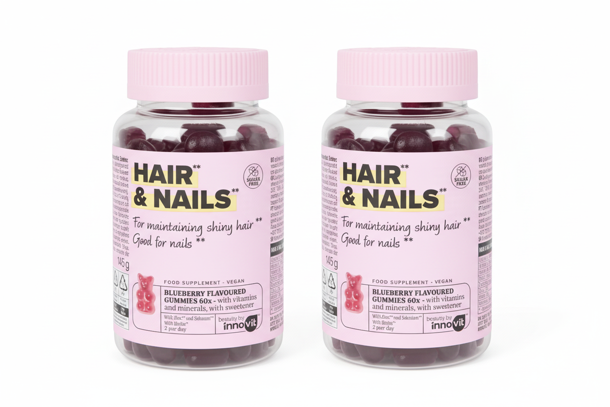 Innovit Hair & Nail Gummies- 2 packs – Blaubeer-Geschmack – Mit Biotin, Zink & Selen für gesunde Haare & Nägel – 2 x 60 Gummies (60 Tage)