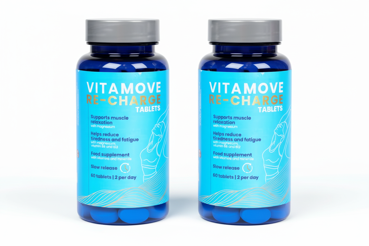 Vitamove Re-Charge Tablets – 2 packs – Mit Magnesium & Vitamin B6 + B12 – Slow Release – Reduziert Müdigkeit & Ermüdung