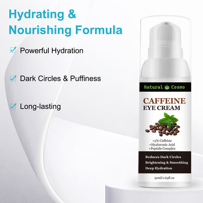 Naturkosmo Caffeine Eye Cream – 5% Caffeine mit Hyaluronic Acid & Peptide Complex gegen Dark Circles & Puffiness, 50 ml