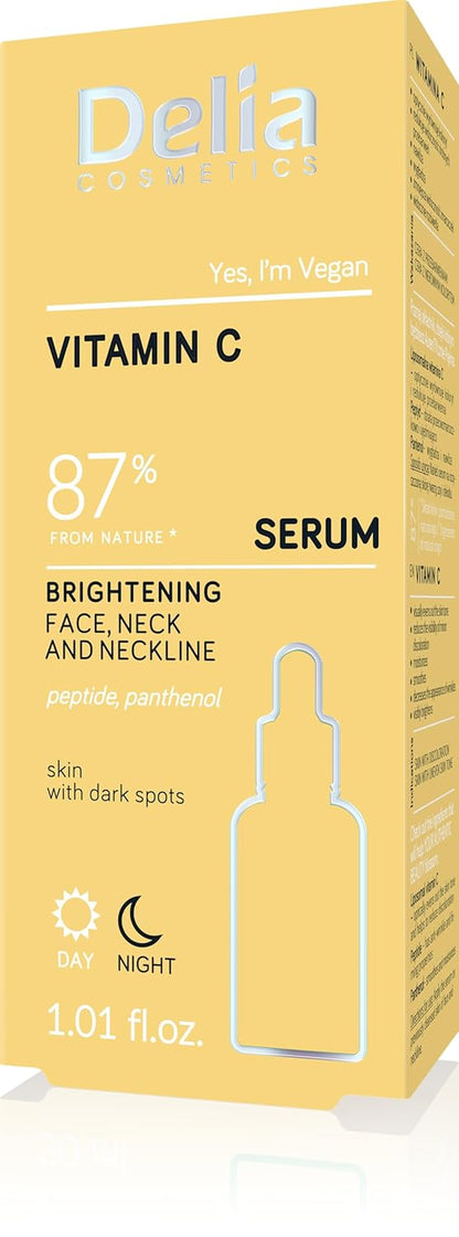 Delia Cosmetics - Brightening serum for face, neck and décolleté - Balances colour, reduces discolouration, moisturises - Vegan serum for skin with uneven skin - 30 ml