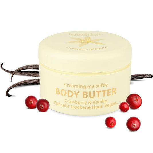 Jean & Len Body Butter Cranberry & Vanilla, Provides the Skin with Sufficient Moisture, Delicate Melting Texture, Exhilarating Sweet Fragrance, Vegan Formulation, Parabens & Silicone-Free, 200 ml