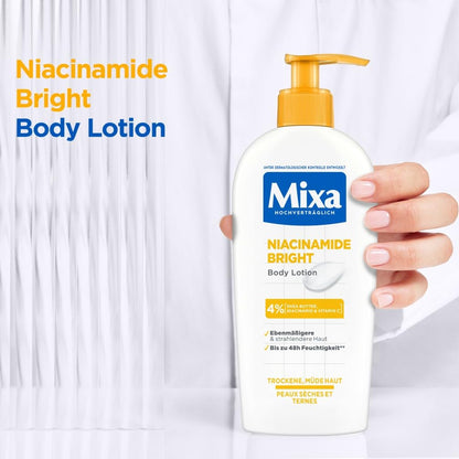Mixa Moisturising Body Lotion, Suitable for Face, Body & Hands, Suitable for Dry & Tired Skin, Niacinamide Bright, Hypoallergenic, 250 ml