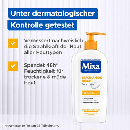 Mixa Moisturising Body Lotion, Suitable for Face, Body & Hands, Suitable for Dry & Tired Skin, Niacinamide Bright, Hypoallergenic, 250 ml