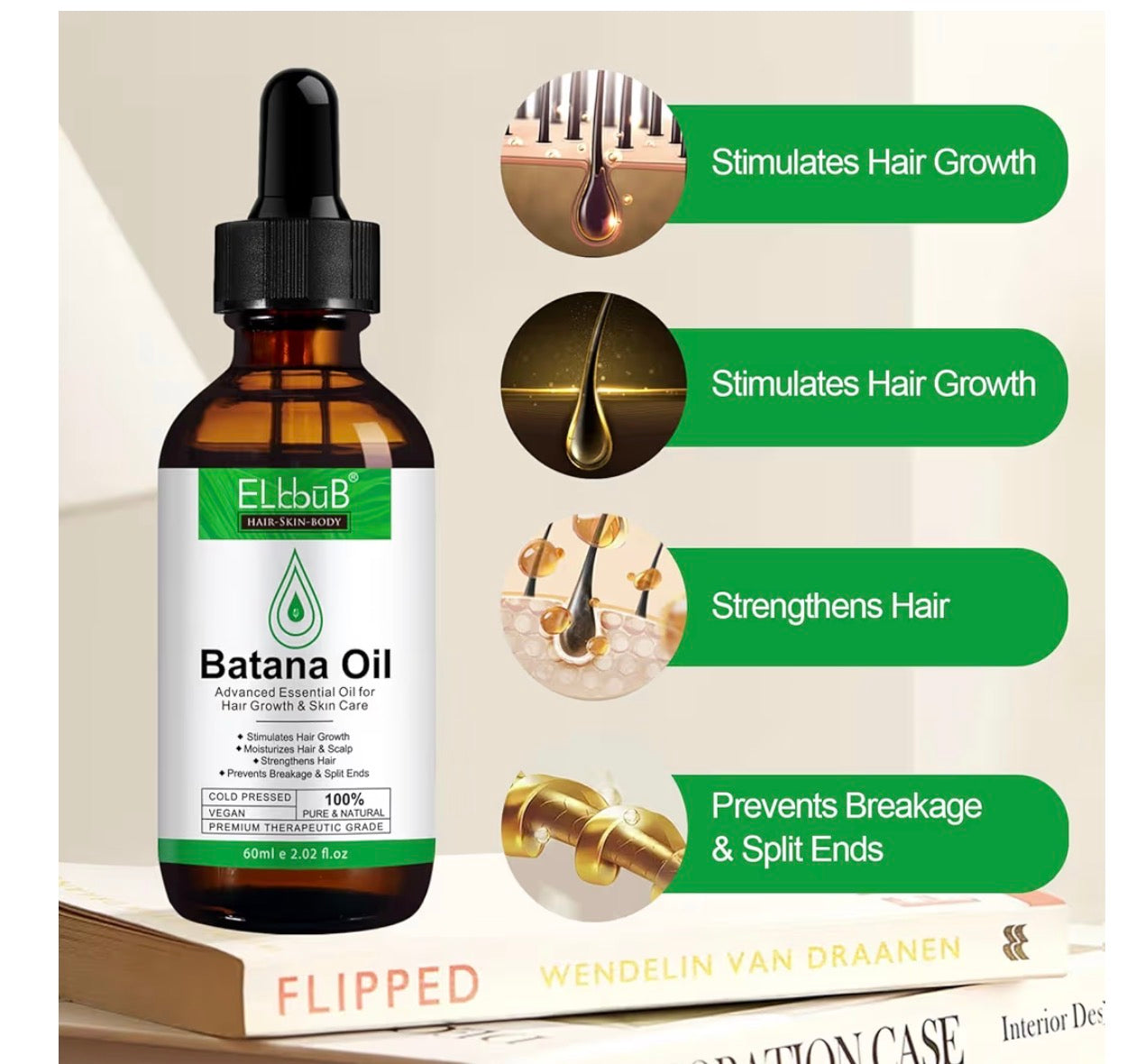 Batana Oil for Hair - Organic Hair Oil for Growth and Repair of Dry, Damaged Hair, Care Oil for Face and Body 60ml