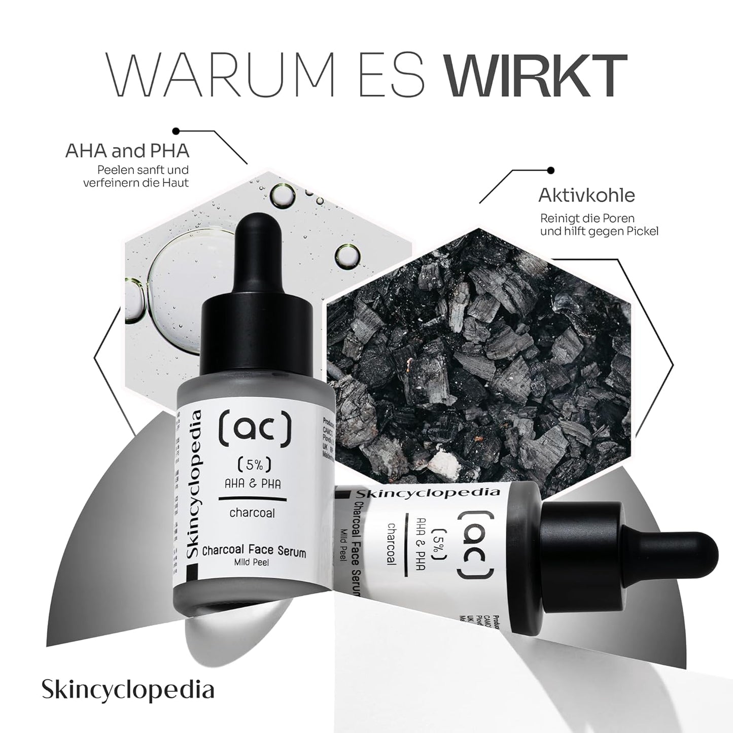 Aktivkohle Gesichtsserum mit AHA & PHA – Sanftes Peeling gegen Unreinheiten & verfeinerte Poren, 30 ml