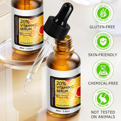 Vitamin C Serum Face 60 ml - 20% Vitamin C Serum High Dose with Vitamin E & Hyaluronic Acid | Anti-Ageing & Skin Renewal | Skin Whitening & Moisturising Serum Vitamin C for Face | Fragrance-Free