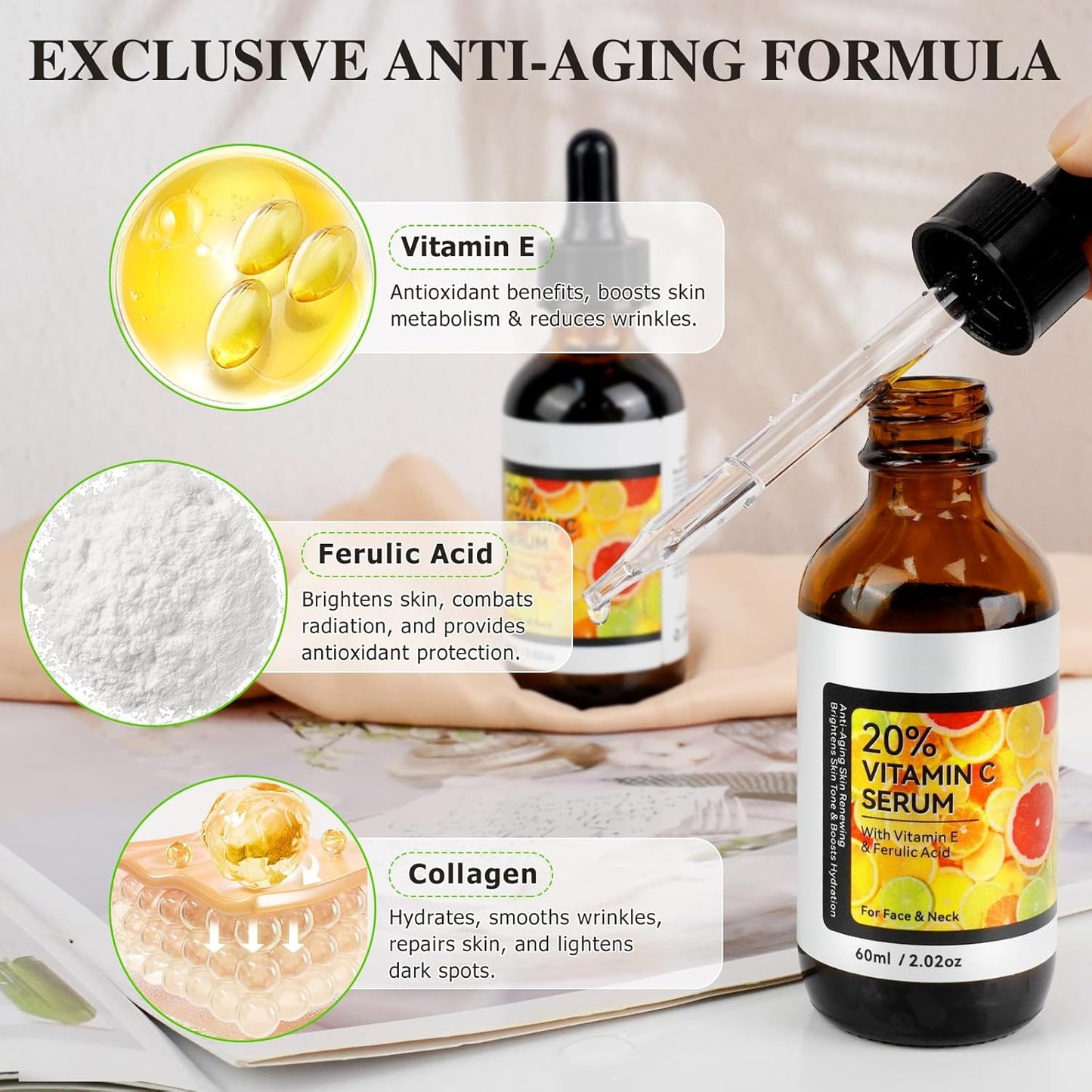 Vitamin C Serum Face 60 ml - 20% Vitamin C Serum High Dose with Vitamin E & Hyaluronic Acid | Anti-Ageing & Skin Renewal | Skin Whitening & Moisturising Serum Vitamin C for Face | Fragrance-Free