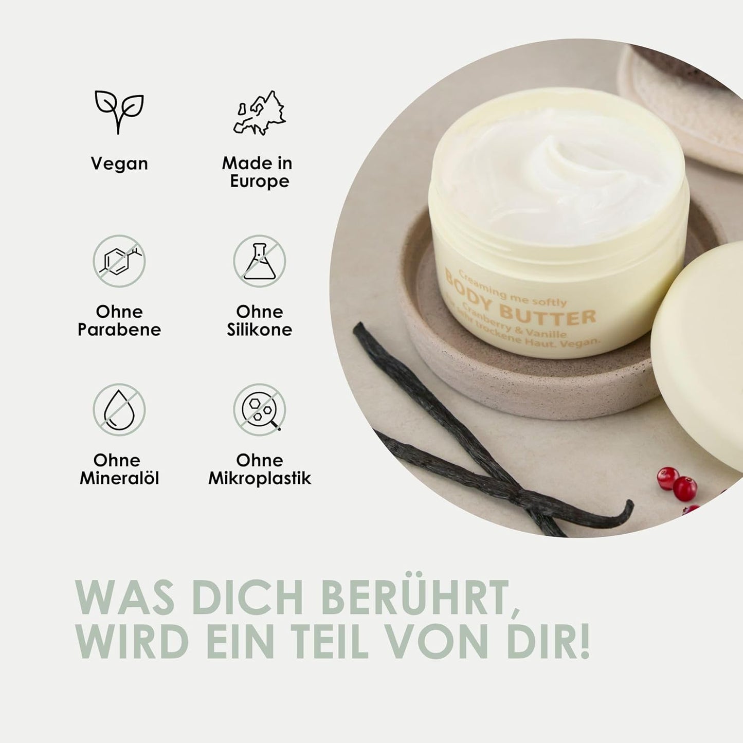 Jean & Len Body Butter Cranberry & Vanilla, Provides the Skin with Sufficient Moisture, Delicate Melting Texture, Exhilarating Sweet Fragrance, Vegan Formulation, Parabens & Silicone-Free, 200 ml