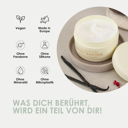 Jean & Len Body Butter Cranberry & Vanilla, Provides the Skin with Sufficient Moisture, Delicate Melting Texture, Exhilarating Sweet Fragrance, Vegan Formulation, Parabens & Silicone-Free, 200 ml