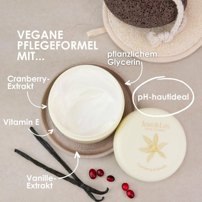 Jean & Len Body Butter Cranberry & Vanilla, Provides the Skin with Sufficient Moisture, Delicate Melting Texture, Exhilarating Sweet Fragrance, Vegan Formulation, Parabens & Silicone-Free, 200 ml