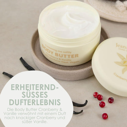 Jean & Len Body Butter Cranberry & Vanilla, Provides the Skin with Sufficient Moisture, Delicate Melting Texture, Exhilarating Sweet Fragrance, Vegan Formulation, Parabens & Silicone-Free, 200 ml