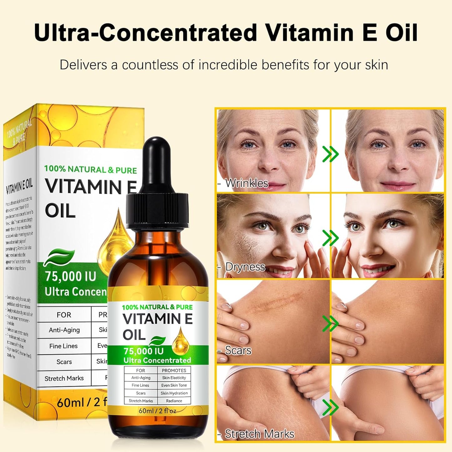 Vitamin E Öl Bio für Gesicht & Körper – Straffende Anti-Aging Pflege gegen Falten & Narben | 60 m