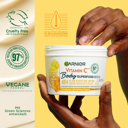 Garnier Nourishing Body Care for Pale and Dry Skin, Body Butter with Mango and Vitamin C, for up to 48 Hours of Moisture, Body Superfood, 1 x 380 ml