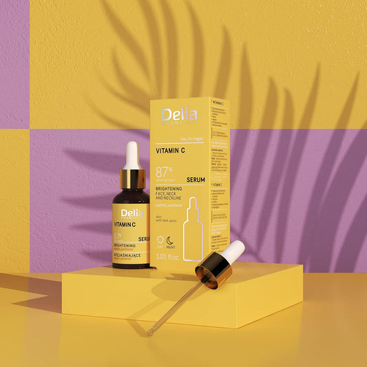 Delia Cosmetics - Brightening serum for face, neck and décolleté - Balances colour, reduces discolouration, moisturises - Vegan serum for skin with uneven skin - 30 ml