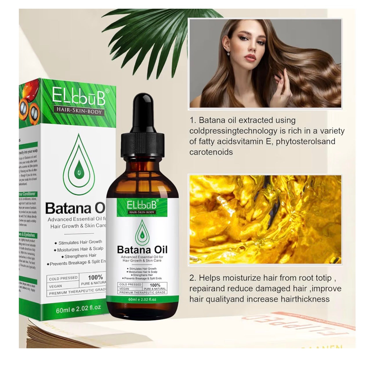Batana Oil for Hair - Organic Hair Oil for Growth and Repair of Dry, Damaged Hair, Care Oil for Face and Body 60ml