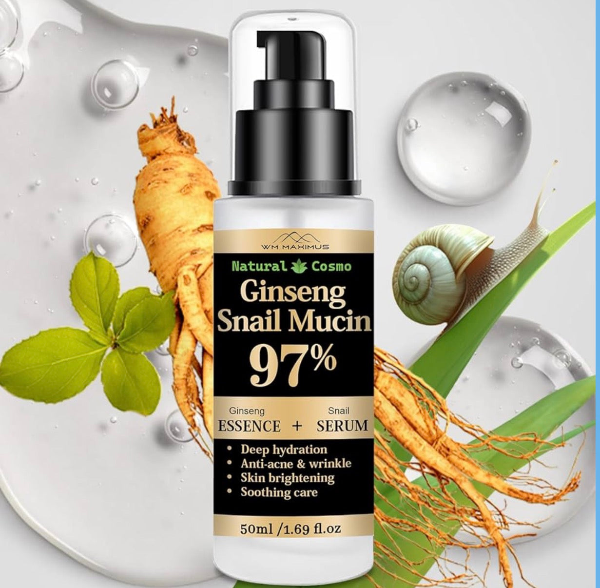 Naturkosmo Ginseng Snail Mucin Serum & Essence 97% – Mit Niacinamide & Hyaluronic Acid für Intensive Feuchtigkeit, 50 ml